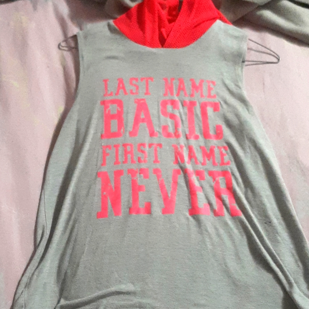 'LAST NAME BASIC, FIRST NAME NEVER' Grey muscle tee with pink fishnet hood